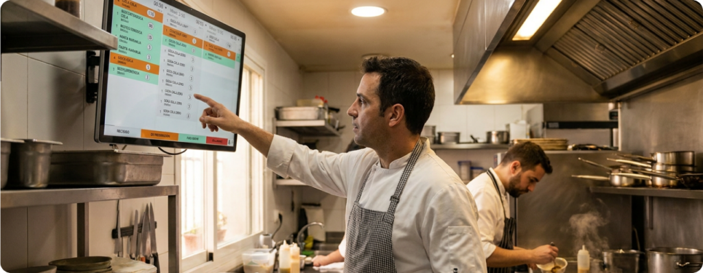 Sistema de rotación de mesas con monitor de cocina digital